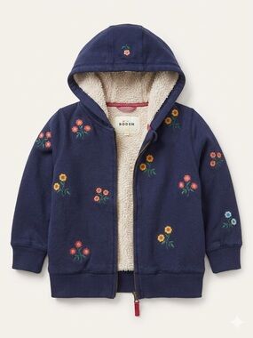 Mini Boden Navy Floral Sherpa Hoodie with Embroidered Flowers